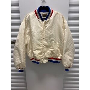 70s Vintage Swingster USA Bomber Jacket Mens XXL Cream Patriotic Red Blue Good